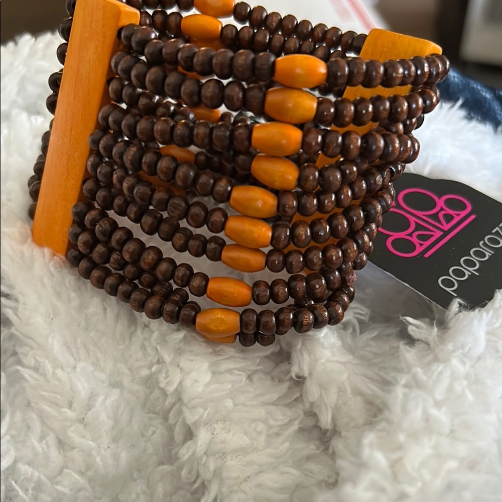 Paparazzi Brown and Orange Wooden Bead Cuff Bracelet